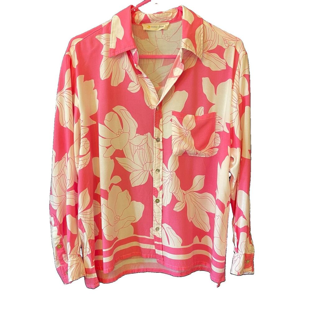 Ocean Drive Barbie Pink & White Floral Collared Button-Up Long Sleeve Top Size S